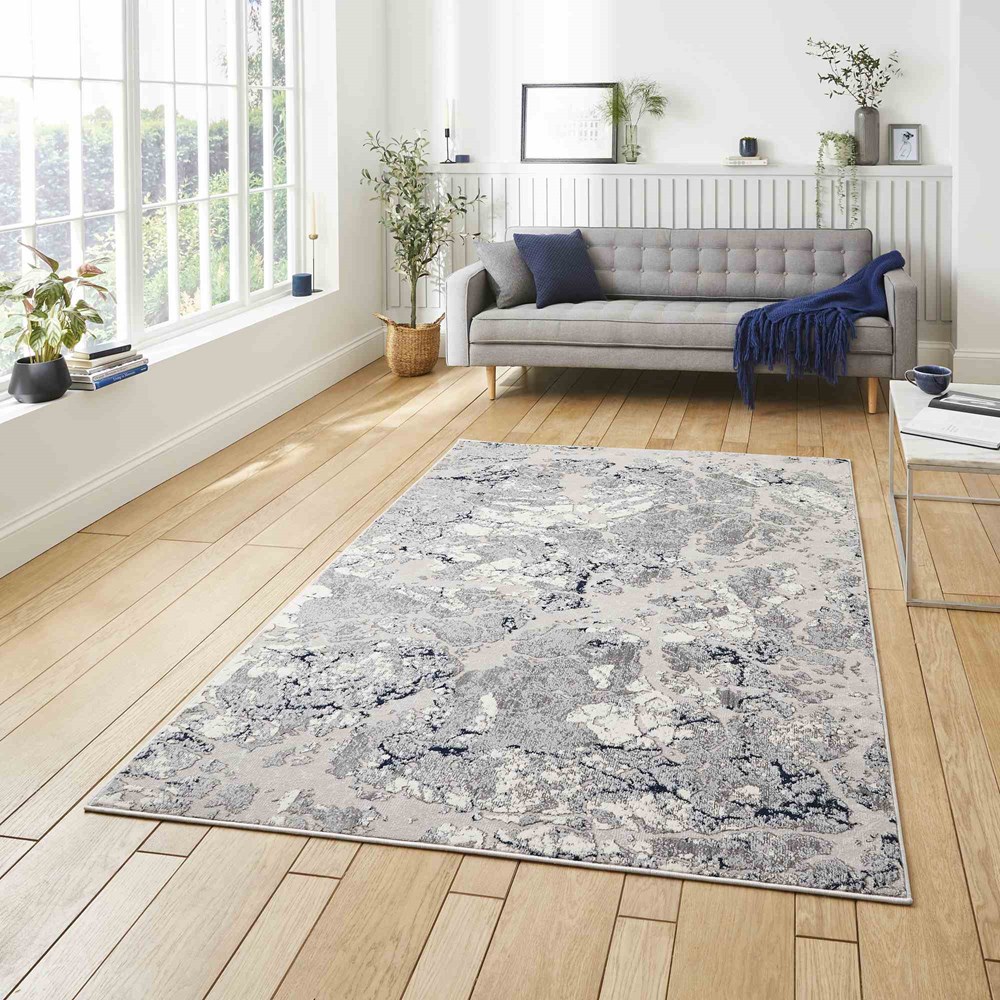 Apollo 2677 Modern Abstract Distressed Rugs in Grey Navy